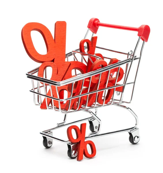 Shopping cart and percent sign. Isolated on a white background — Stock Photo, Image