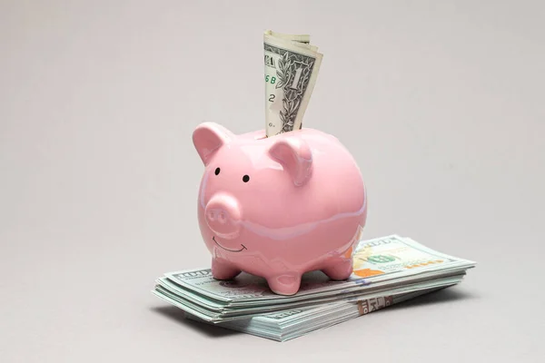 회색 배경에 있는 분홍 돼지 은행 과 달러 지폐 — 스톡 사진