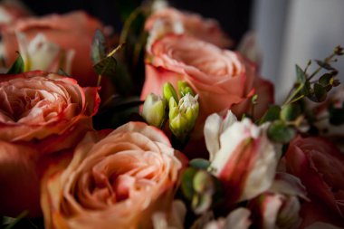 Karanlık bir ahşap arka planda Sevgililer Günü için harika pembe güller.