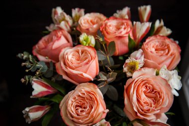 Karanlık bir ahşap arka planda Sevgililer Günü için harika pembe güller.