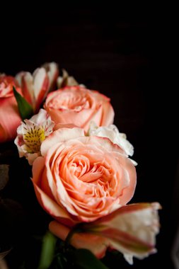 Karanlık bir ahşap arka planda Sevgililer Günü için harika pembe güller.