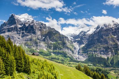 güzel dağ manzarası ile ahşap evde yaz saati, Grindelwald, İsviçre