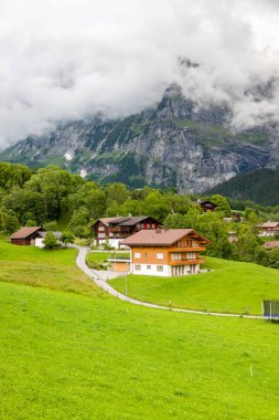 güzel dağ manzarası ile ahşap evde yaz saati, Grindelwald, İsviçre