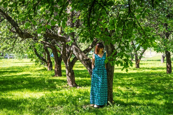 genç kadın bir harika bahar meyve bahçesi uzun elbise