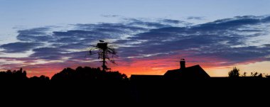 bir leylek yuvası ve güzel günbatımı çerçevede bir evin çatı silüeti