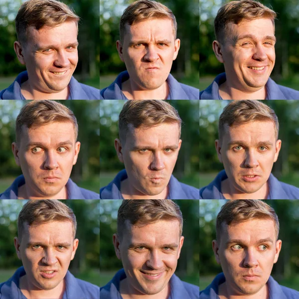 Emotion set of man collage with happy, surprised, scared, serious and sad face. Emotion facial expression.