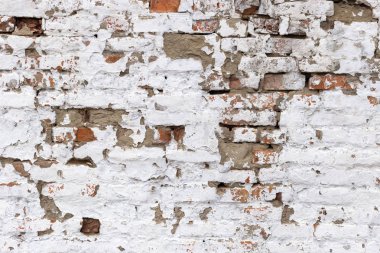 Beyaz Retro Grunge Tuğla Duvarlı Kırmızı Platform. Taş duvar duvar kağıdı. Soyulmuş Alçılı Klasik Duvar.