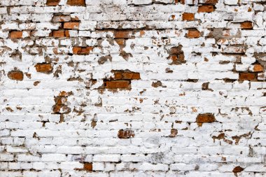 Beyaz Retro Grunge Tuğla Duvarlı Kırmızı Platform. Taş duvar duvar kağıdı. Soyulmuş Alçılı Klasik Duvar.