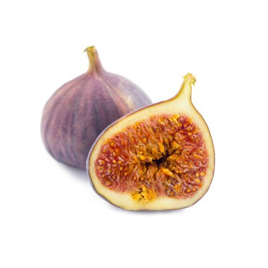 Mor incirlerin tamamı beyaz arka planda izole edilmiş. Sağlıklı gıda konsepti. Tropik meyve