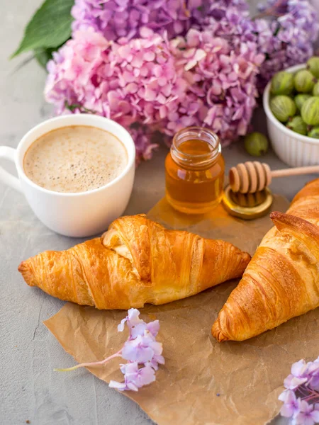 Breakfast Served Coffee Croissants Natural Honey Jar Flowers — Stock Photo, Image