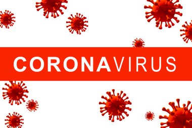 Yazıt Coronavirus ve kırmızı soyut virüs modeli beyaz arka planda fotokopi alanı ile. Virüs Salgını Koruma Konsepti. Mikroskop virüsü 2019-nCov, 3D görüntüleme