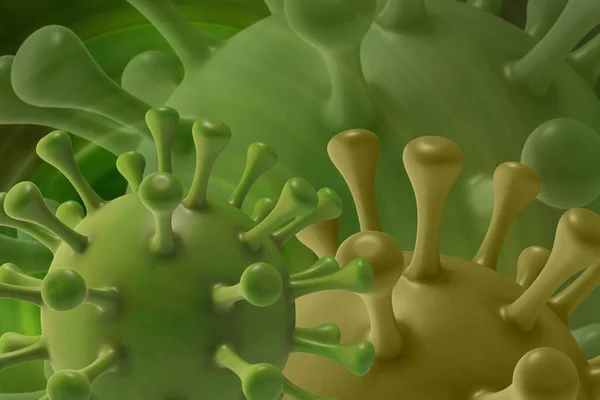 Πράσινο μοντέλο στελέχους του ιού της στέψης ή του άλλου ιού. Η έννοια της επιδημίας του Κόβιντ. Ιός μικροσκοπίου 2019-nCov, 3D rendering — Φωτογραφία Αρχείου