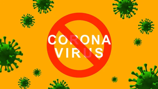 Κείμενο coronavirus σε Stop υπογράψει στο κίτρινο φόντο με αντίγραφο χώρο. Πράσινο μοντέλο στελέχους ιού COVID. Ιός Πανδημία έννοια προστασίας. Ιός μικροσκοπίου 2019-nCov, για banner, 3D απόδοση — Φωτογραφία Αρχείου