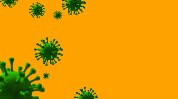 Groene virusstam modellen van coronavirus of het andere virus geïsoleerd op de gele achtergrond met kopieerruimte. Virus Pandemic Protection Concept. Microscoop virus 2019-nCov, voor banner, 3D rendering — Stockfoto