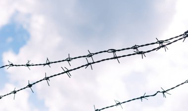 Mavi gökyüzü üzerinde metal dikenli tellerin yükselen manzarası, seçici odaklanma. Güvenlik ve koruma kavramı.