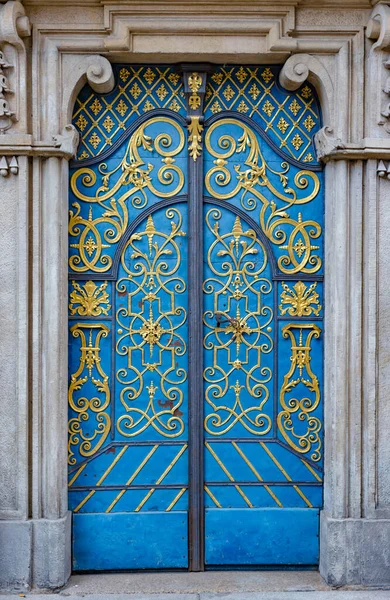 Bellamente Decorado Puerta Cerrada Azul Dorada — Foto de Stock