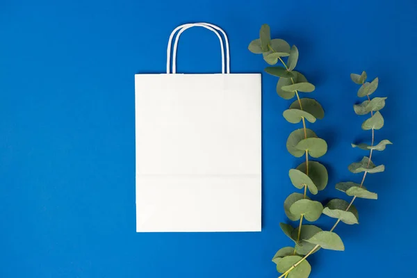 Saco Papel Branco Com Alças Folhas Eucalipto Fundo Azul Flat — Fotografia de Stock