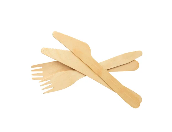 Wood Knife Fork Isolated White Background Zero Waste Concept Plastic — Stock Photo, Image