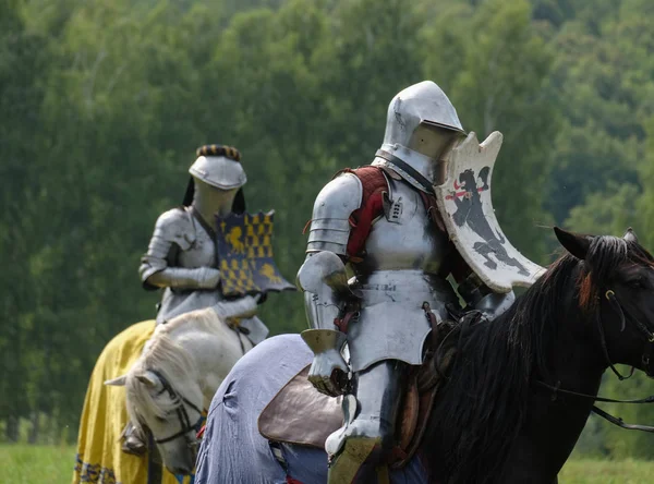 Caballero medieval con armadura a caballo — Foto de Stock