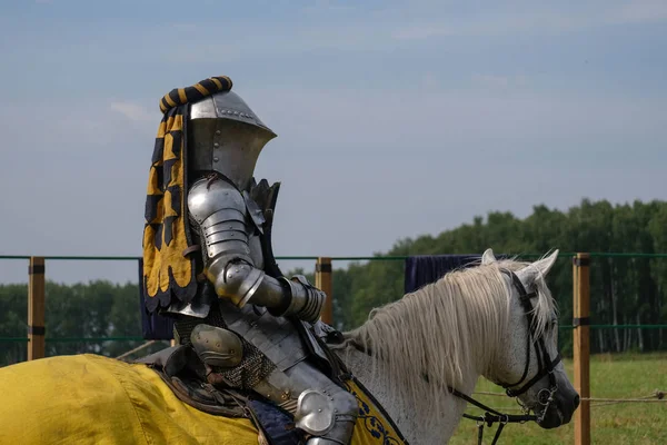 Cavaleiro medieval em armadura a cavalo — Fotografia de Stock