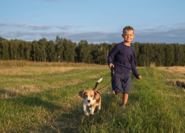 Avrupa çocuk bir Beagle ile bir yürüyüş üzerinde çalışan