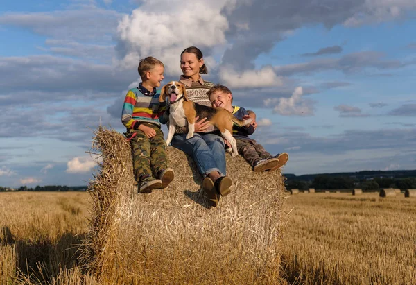 Mother, two sons and a Beagle dog on bale of straw — Stock Photo, Image
