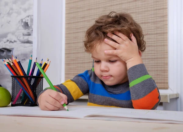 Riccio europeo ragazzo disegna seduto a tavola — Foto Stock