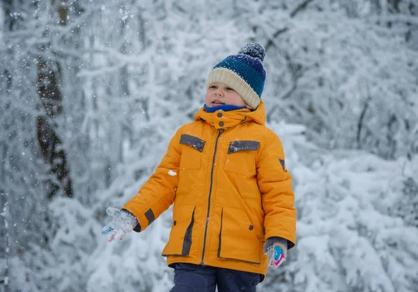 Söt Europeiska pojke i en snöig skog — Stockfoto