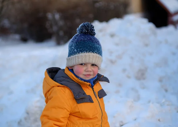 Söt pojke på en promenad en vinterdag — Stockfoto