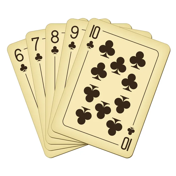 Straight Flush of Clubs from Six to Ten - ilustração vetorial de cartas de baralho vintage — Vetor de Stock
