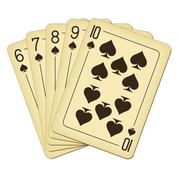 Straight Flush of Spades de Seis a Dez - ilustração vetorial de cartas de baralho vintage — Vetor de Stock