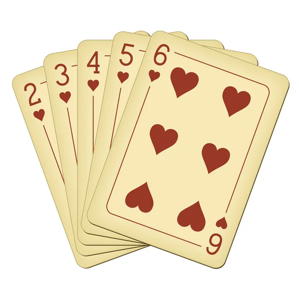 Straight Flush of Hearts from Two to Six - ilustração vetorial de cartas de baralho vintage — Vetor de Stock