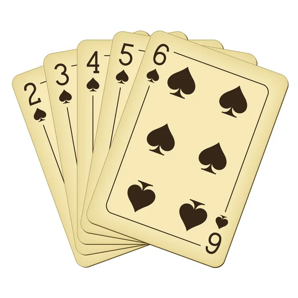 Straight Flush of Spades from Two to Six - ilustração vetorial de cartas de baralho vintage — Vetor de Stock