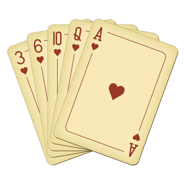 Flush of hearts - ilustração vetorial de cartas de baralho vintage — Vetor de Stock