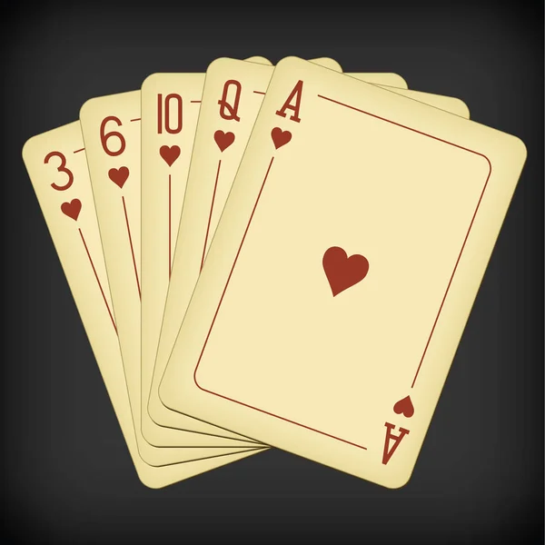 Flush of hearts - ilustração vetorial de cartas de baralho vintage — Vetor de Stock