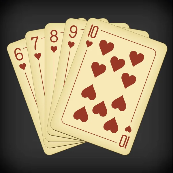 Straight Flush of Hearts from Six to Ten - ilustración vectorial de cartas de juego vintage — Archivo Imágenes Vectoriales