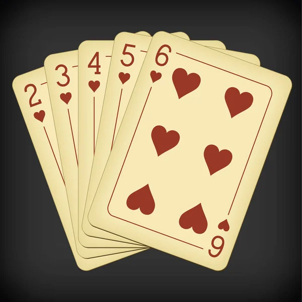 Straight Flush of Hearts from Two to Six - ilustração vetorial de cartas de baralho vintage — Vetor de Stock