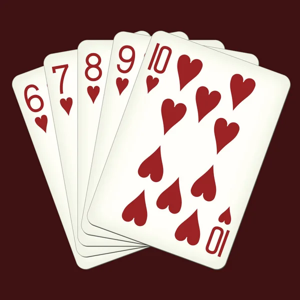 Straight Flush of Hearts van zes tot tien - speelkaarten vectorillustratie — Stockvector