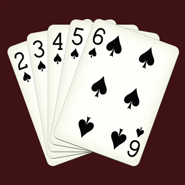 Straight Flush of Spades from Two to Six - ilustração vetorial de cartas de baralho — Vetor de Stock