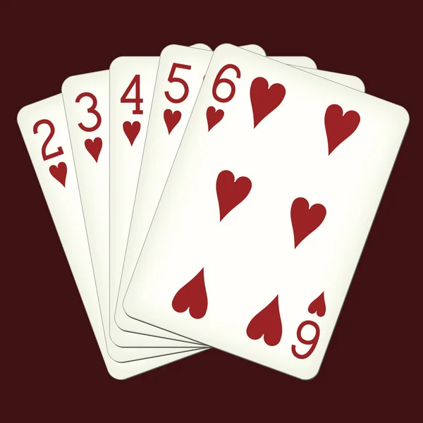 Straight Flush van harten van twee tot zes - speelkaarten vectorillustratie — Stockvector