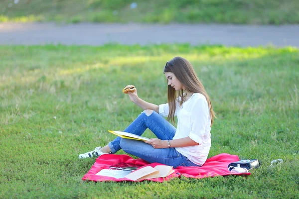 Молода дівчина сидить на траві в парку працює в ноутбуці і їсть фастфуд — стокове фото