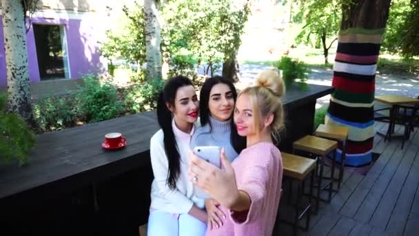 Drie mooie vrouwelijke glimlach in Cafe doen Selfie. — Stockvideo