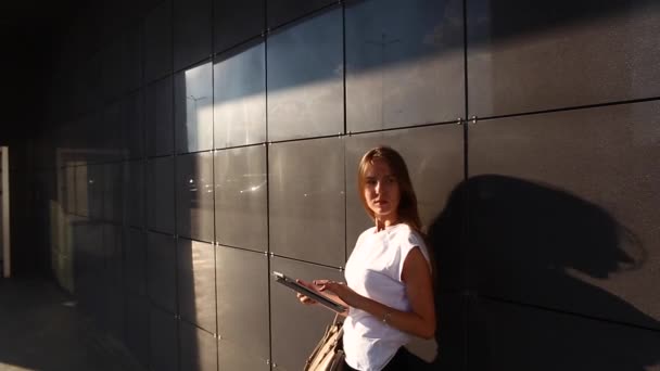 Woman Hand Touch Browsing Tablet in Business Center — Stock Video