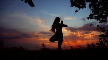 Siluet bir genç zarif kızı pratik Yoga açık havada renkli günbatımı karşı.