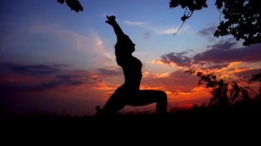 Siluet bir genç zarif kızı pratik Yoga açık havada renkli günbatımı karşı.