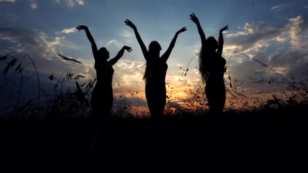 Silhuetas contra o pôr do sol de três jovens esbelto menina praticando Yoga respiração exercício ao ar livre . — Vídeo de Stock