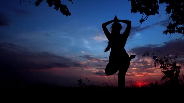 Silhouette gegen helle Farbe Sonnenuntergang eines jungen anmutigen Mädchens praktiziert Yoga im Freien. — Stockvideo