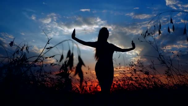 Silhouet tegen felle kleur zonsondergang een sierlijke meisje het beoefenen van Yoga buiten. — Stockvideo