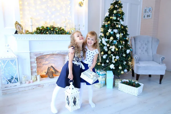 Freundliche süße Schwestern posieren für die Kamera, halten Geschenke in Händen, smi — Stockfoto
