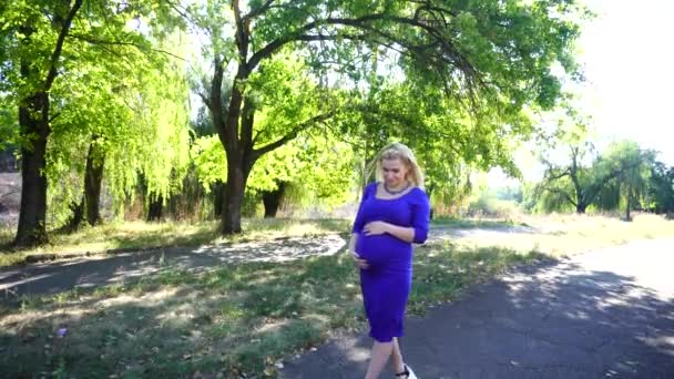 漂亮的金发的孕妇妈妈走在阳光灿烂的日子，在公园里，站在摄像机和微笑，与爱抚抚摸肚子. — 图库视频影像